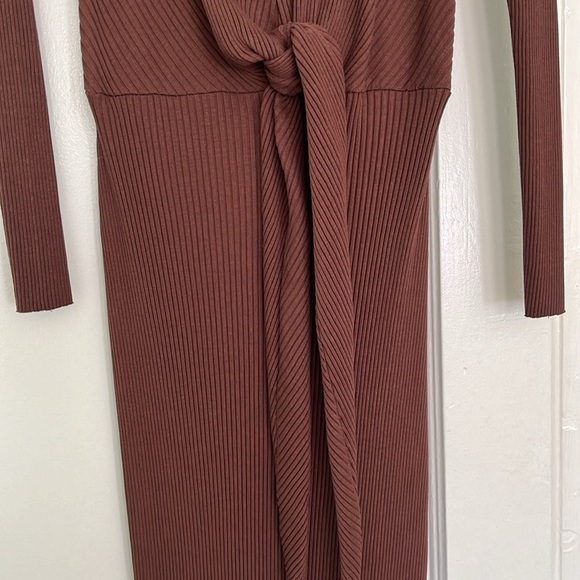 ZARA LONG KNIT MIDI BELTED WRAP DRESS CHOCOLATE BROWN - Picture 6 of 7